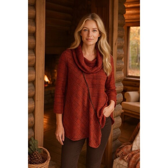 Ali Miles Red Plaid Cowl Neck Asymmetrical Tunic Top Roll Tab Sleeve Cozy Size L - Picture 2 of 11